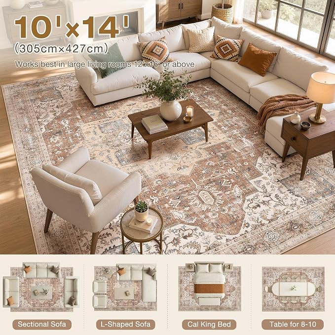 DTICON Vintage Washable 10x14 Area Rug Living Room Rugs, Brick Red | Boho Distressed, Pet & Kid Friendly, Non-Slip Backing, Soft Polyester, Low-pile Carpet for Living Room, Bedroom, Dining Room