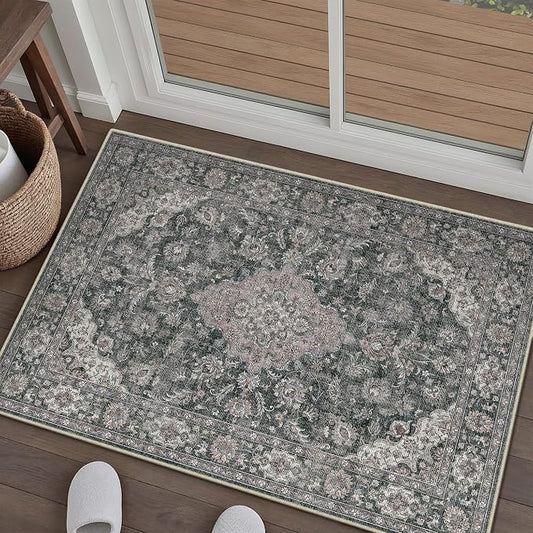 HUGEAR 2x3 Entryway Area Rug Retro Black Small Rug Machine Washable Door Mat Vintage Floral Low Pile Carpet Distressed Throw Rug Entrance Kitchen Bathroom Bedroom Office Non Slip Soft Lightweight