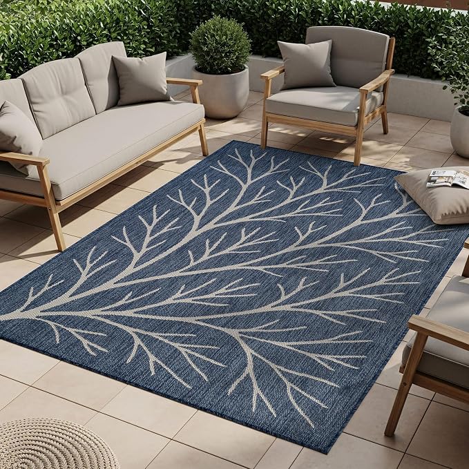 Washable Indoor Outdoor Rug 9x12 Modern Area Rugs Branch Pattern Non Shedding Waterproof Easy Clean Patio Deck Porch Living Room Bedroom Garden RV (9 X 12 Blue)