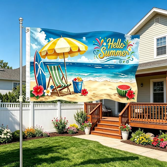 3×5Ft Hello Summer Beach Flag, Tropical Summer Themed Decorative Flag for Beach Party & Outdoor Garden Decor