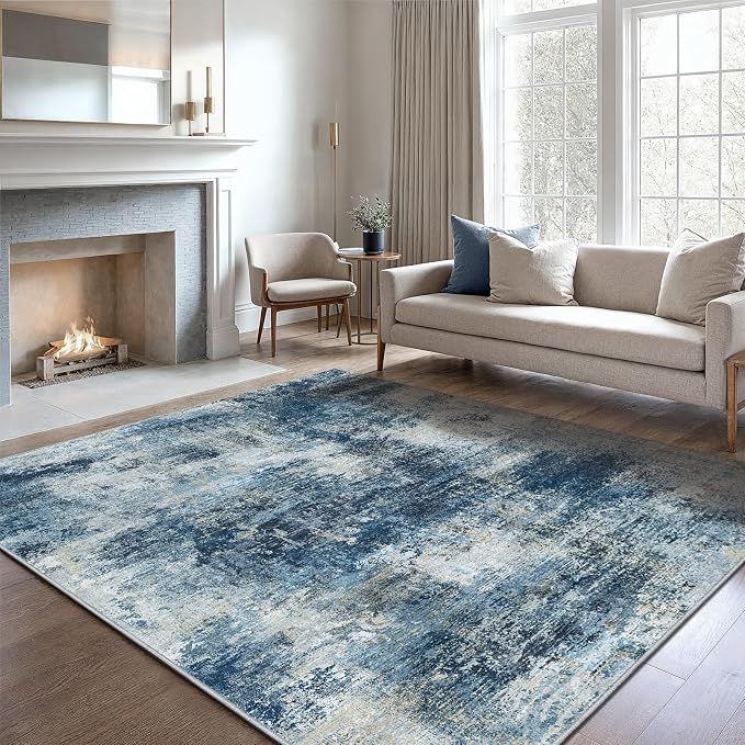 AMADA HOMEFURNISHING 5x7 Area Rugs for Living Room, Modern Abstract Washable Rug Neutral Soft with Non-Slip Backing & Low Pile Kids Rug for Resistant, Bedroom, Nursery Home Office, Navy Blue