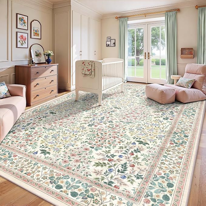 9x12 Area Rugs, Machine Washable Low Pile Floral Rugs for Living Room, Bedroom, Large Boho Area Rug with Non-Slip Backing for Dining Room(Pink Floral)