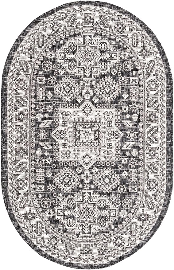 Unique Loom Outdoor Aztec Collection Area Rug - Chalca (3' 3" x 5' 3" Oval, Charcoal Gray/ Ivory)