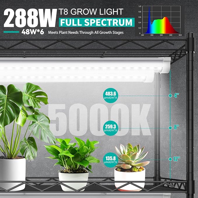 JESLED Plant Grow Lights, 4FT 5000K Full Spectrum Daylight White, 288W(6 X 48W,1800W Equivalent), Linkable Grow Light Strips for Indoor Plants, Seed Starting, Greenhouse, Growing Shelf, 6-Pack