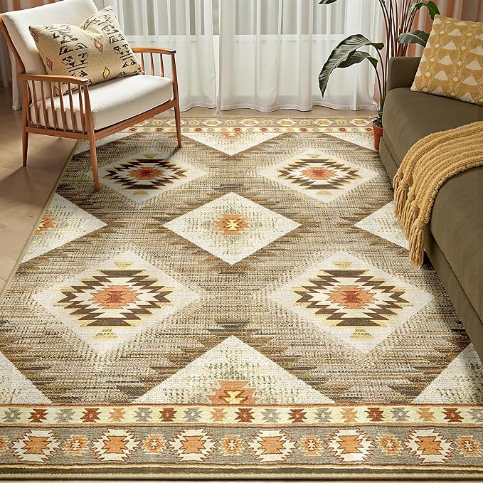 Area Rug 6x9 Rug Machine Washable Non-Slip Low Pile Print Pattern Western Rug for Living Room Bedroom Entryway Tribal Series -Cream/Camel | Soft Western No Slip Low Pile Print Foldable Indoor for Kitchen Dining Room