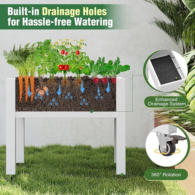 Elevated Raised Garden Bed with Wheels - Outdoor Mobile Resin Planter Box with Drainage Holes for Vegetables Flower Herbs, Weather Resistant, Ashen (26.3" h)