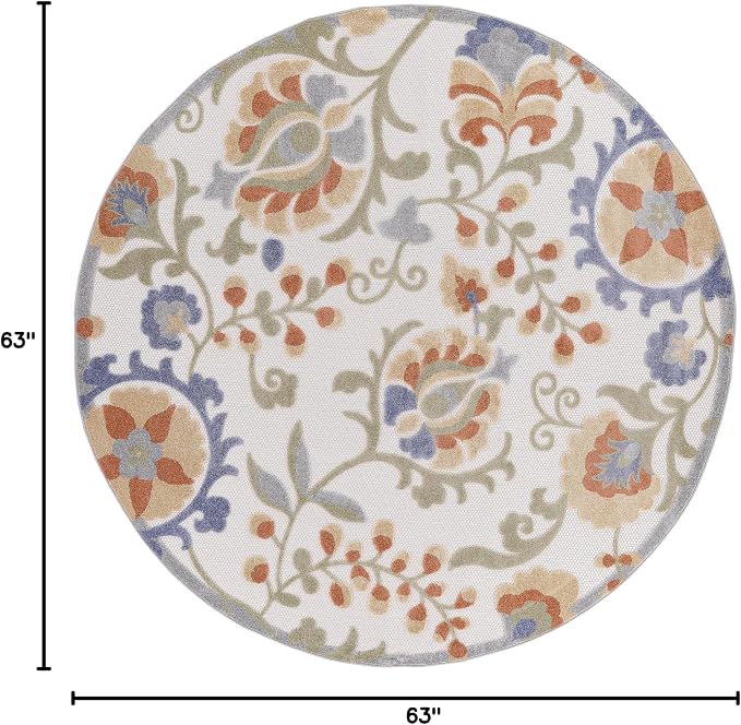 Nourison Home Aloha Ivory Blue 5'3" x Round Area Rug - Easy Clean, Non Shedding, Bed Room, Living Room, Dining Room, Kitchen (5' x Round)