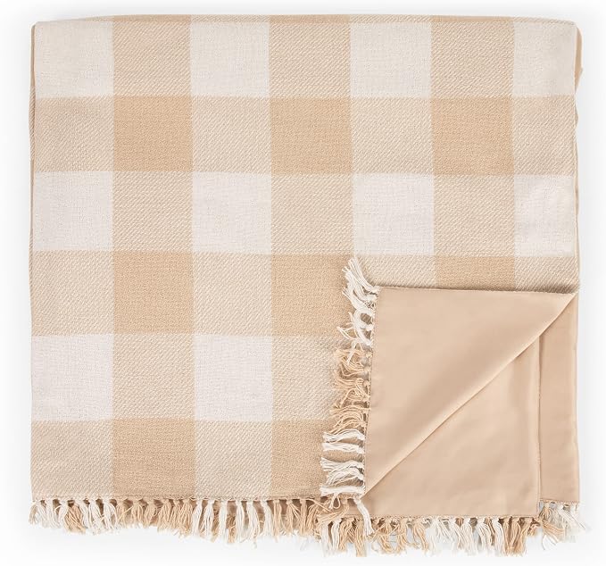 Picnic TIME Montecito Picnic Blanket with Harness, Large 60" x 70" Outdoor Blanket, Woven Cotton Top with Water-Resistant Poly Duck Backing, Sandproof Beach Mat for Camping & Travel (Beige Gingham)