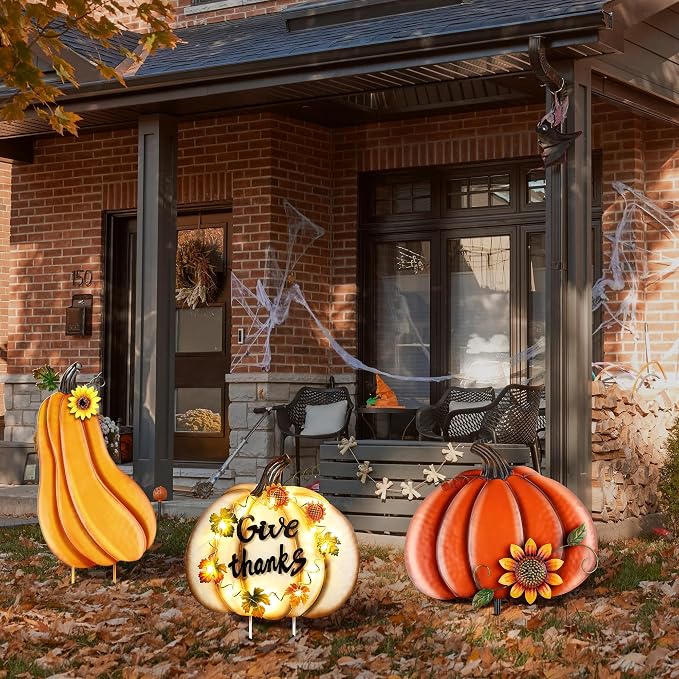Fovths 42.3 Inch 3 Pieces Thanksgiving Metal Fall Pumpkins Garden Yard Sign, Giant LED Metal Thanksgiving Pumpkin Yard Sign Stakes, Waterproof Fall Harvest Pumpkin for Outdoor Lawn Decor