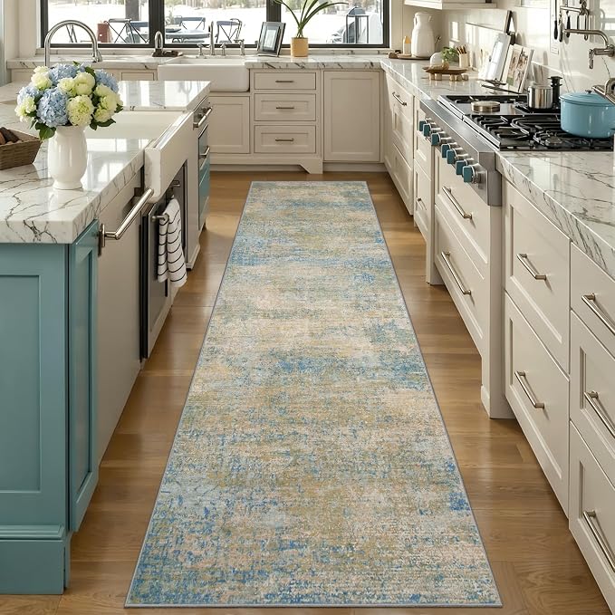 Tangsoo Abstract 2.6x8 Washable Runner Rug for Hallways,Non Slip Runner Rug | Modern Soft Low Pile Long Runner Rug, Contemporary Carpet Runners for Kitchen Bedroom Entryway Living Room Blue Beige Decor