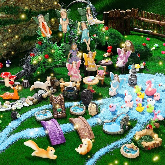 Unittype 120 Pcs Flower Fairy Garden Figurines Bulk Kit Flower Fairy Accessories for Garden Cute Mini Bridge Duck Mushroom Well Pond Micro Animal Landscape Ornaments DIY Kit for Outdoor Yard Lawn