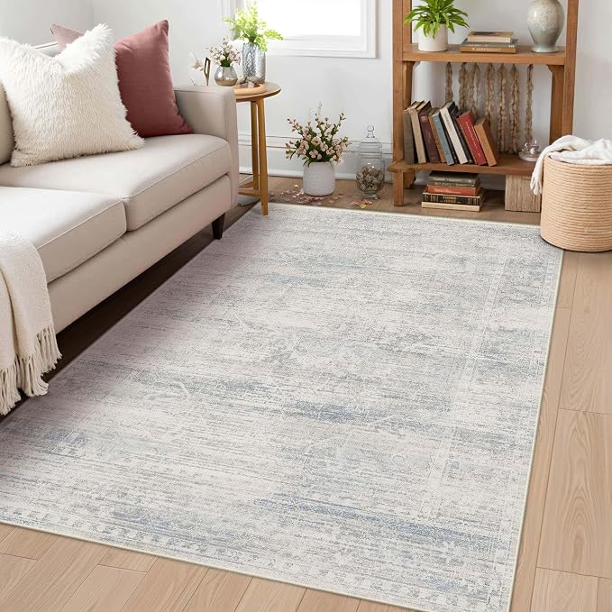 Latte&Fog 3x5 Entryway Blue Area Rugs, Vintage Washable Rugs Boys Bedroom | Non Slip Low Pile Soft Floral Cute Carpet for Dining Kitchen Kids Playroom Nursery Guest Room Classroom Dorm Farmhouse Office
