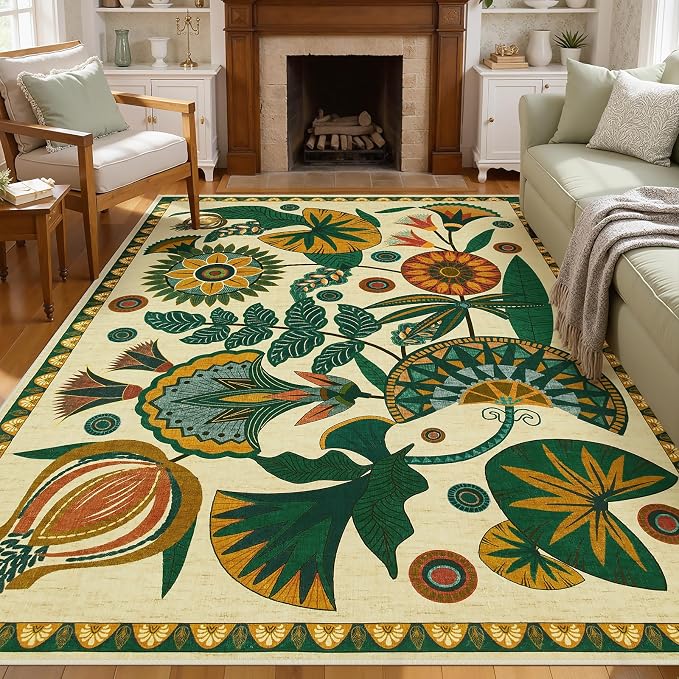 Joydeco Washable Egypt Floral Beige 5x7 Area Rugs for Living Room Bedroom | Boho Botanical Colorful Non Slip Stain Resistant Flower Indoor Carpet for Dining Room Office Entryway Guest Room Playroom