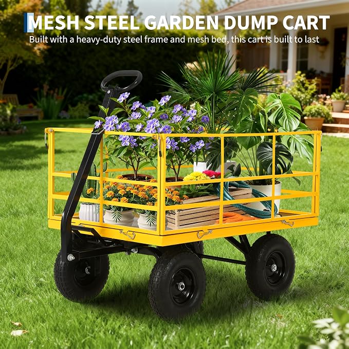 Garvee 1500 LB Garden Dump Cart, Heavy Duty Metal Utility Wagon ATV Trailer | 13 in All Terrain Tires, 4-in-1 Yard Wagon Cart with Removable Side Panels for Outdoor Lawn, Yard, Backyard