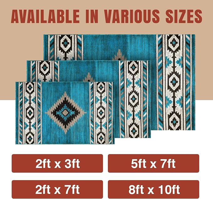 YHSF Southwestern Area Rug, Anti Static & Washable, Blue Lightning, 2ftx7ft | Soft Native American Tribal Floor Rugs for Living Room, Bedroom, Hallways, and More - Easy-to-Clean Home Decors
