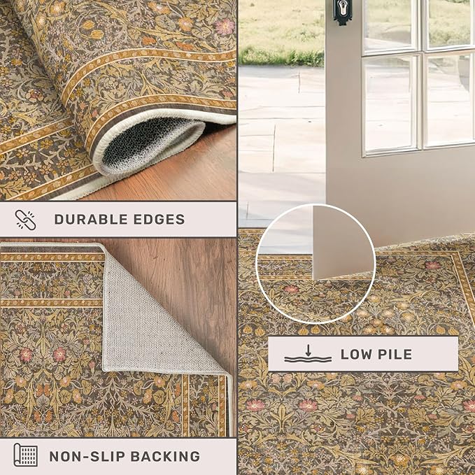 Washable Living Room Rug 6x9 - Brown Oriental Area Rug for Bedroom, Dining Room Rug for Under Table, Low Pile Non-Slip Floor Carpet for Home Office, Study Room - Vintage Design & Stain Resistance
