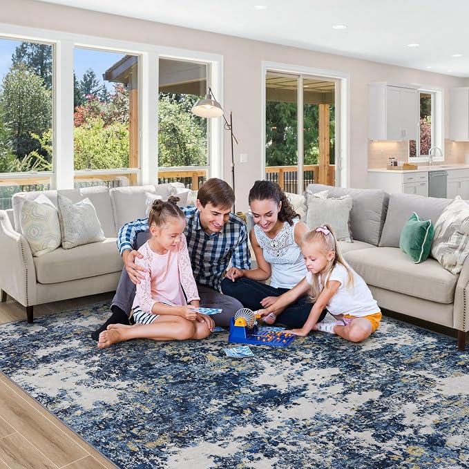 Tosuoka 8x10 Area Rugs for Living Room Abstract Washable Blue Multi Rug | With Anti-Slip Backing，Non-Shedding，Stain-Resistant，Soft Modern Large Carpet for Bedroom Dining Room Farmhouse Nursery