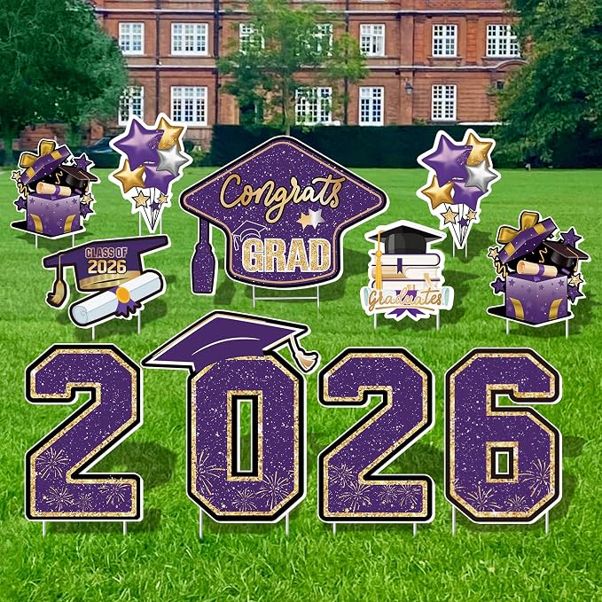 Large 11 PCS Graduation Yard Signs, Class of 2026 Congrats Grad Outdoor Lawn Yard Sign with Stakes, Graduate Yard Decorations for College High School Party, Purple and Gold