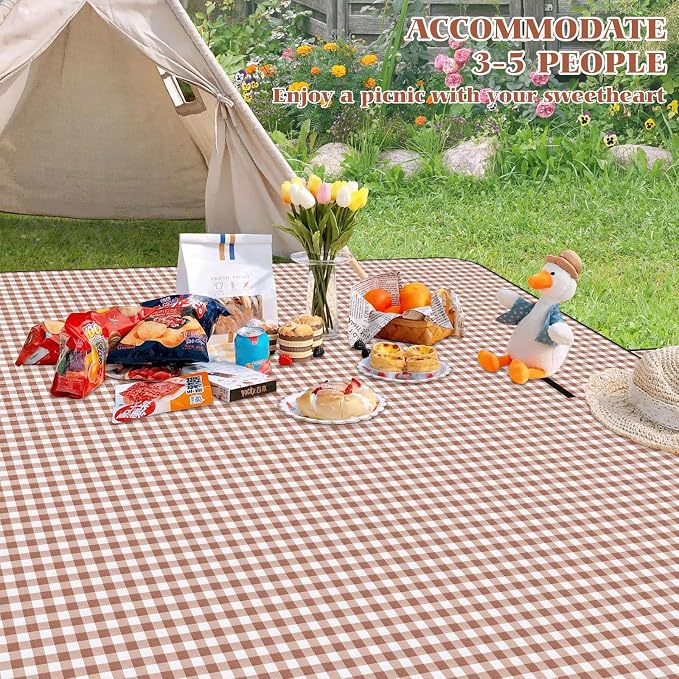 Picnic Blanket Waterproof Beach Rug 80''x80'' Picnic Mat Washable Lightweight with Handle Coffee Checkered for Hiking Travelling Outdoor Camping,Parks