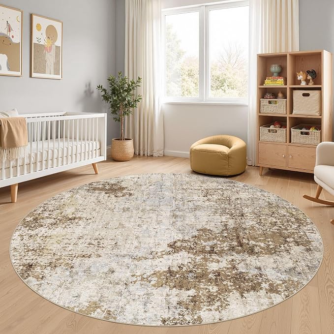 DMOYEST 8ft Round Area Rug for Living Room Washable Non Slip Circle Rug | 8x8 Neutral Modern Abstract Low Pile Rugs Kid & Pet Friendly Soft Carpet for Bedroom Dining Room - Light Brown