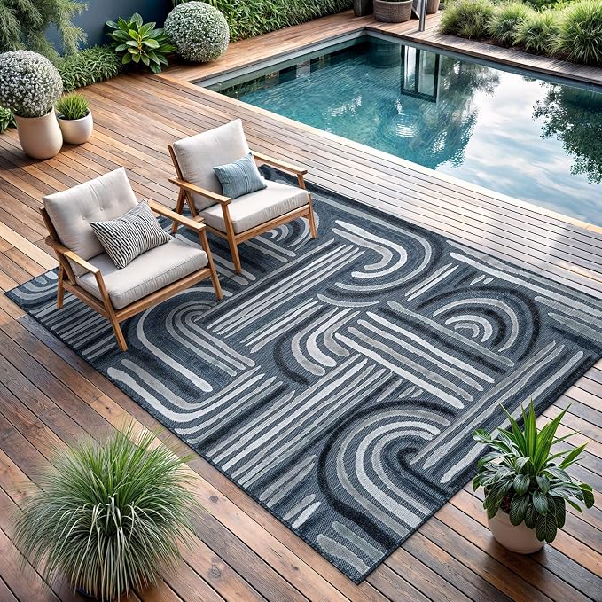CAMILSON Indoor Outdoor Rug, Navy Blue 9x12 Geometric Arch Striped Large Area Rugs for Patio and Home Areas, Easy-Cleaning Non-Shedding Living Room, Garden and Deck Washable Outside Carpet (9 x 12)