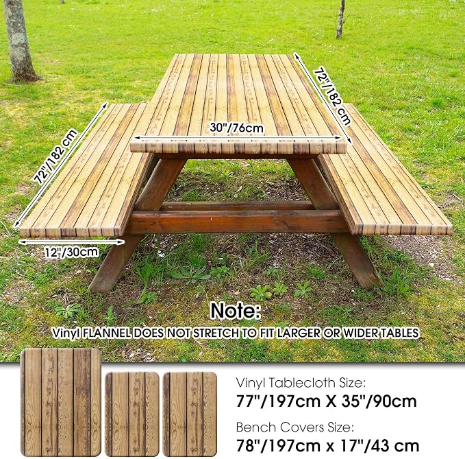Boao 3 Pcs Vinyl Picnic Table Cover with Bench Cover 6 ft 30 x 72 Inch Waterproof Fitted Tablecloth Flannel Backing Rectangular Elastic Edged for Camping Outdoor Patio Travel(Wood Grain)