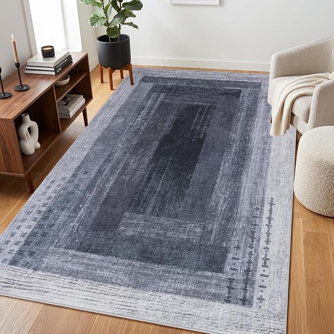 Neutral Geometric Grey 5x8 ft Large Rug for Living Room Bedroom | Contemporary Modern Area Rugs Vintage Washable Soft Faux Wool Low Pile Indoor Carpet for Dining Room Office Home Decor