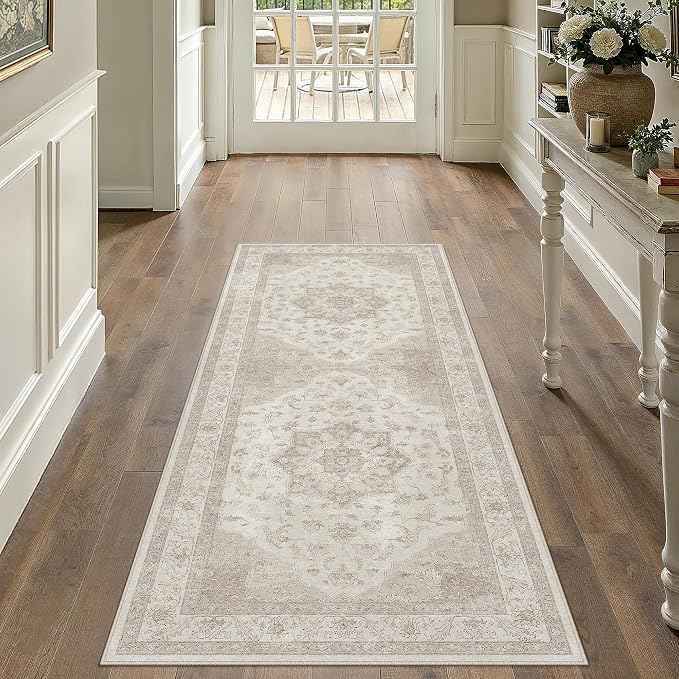 Beige 2x5 Washable Runner Rug Vintage Oriental Medallion Carpet | Soft Low Pile, Non Slip, Stain Resistant, Neutral Retro Decor for Entryway, Kitchen, Bedroom, Hallway
