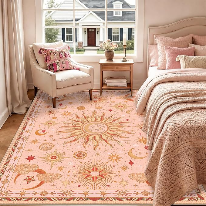 Vacuum-Friendly, 5x7 Washable Area Rug, Pink Gold Beige Red | Sun and Moon Boho Gothic Non-Slip Low Pile Living Roon Bedroom Dining Room Kitchen Entry Entryway Entrance Hallway Doormat