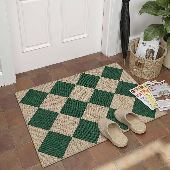 PureCozy 2x3 Checkered Easy Jute Kitchen Front Doormat Non Slip Washable Neutral Area Rug Diamond Non Shedding Low Pile Green Checkerboard Floor Carpet for Farmhouse Entryway Porch Doorway