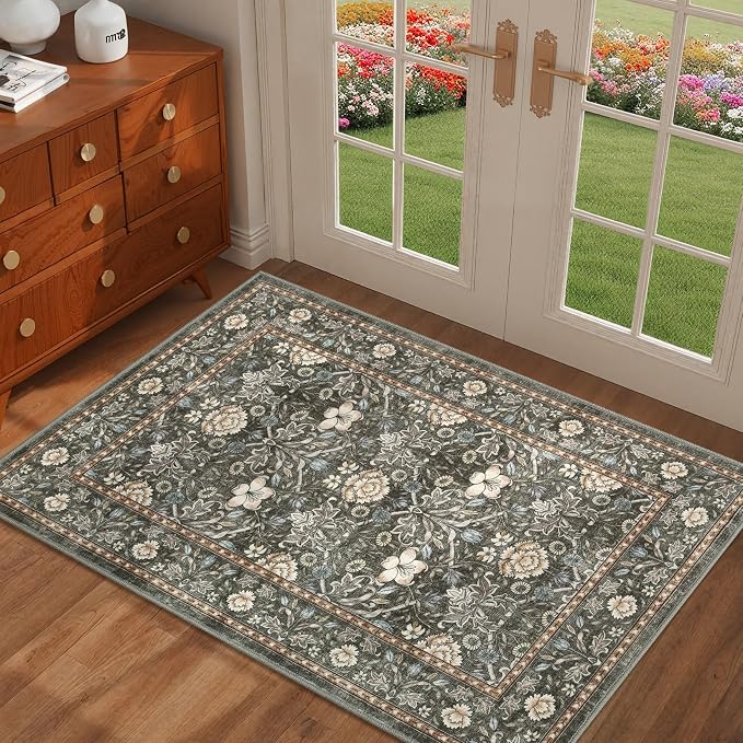 GarveeHome Small Entryway Rug, 2x3 Washable Front Door Rug Indoor Entrance Floral Carpet Non-Slip Low Pile Throw Rugs for Kitchen Floor, Powder Room, Entry, Bathroom, Kids Room
