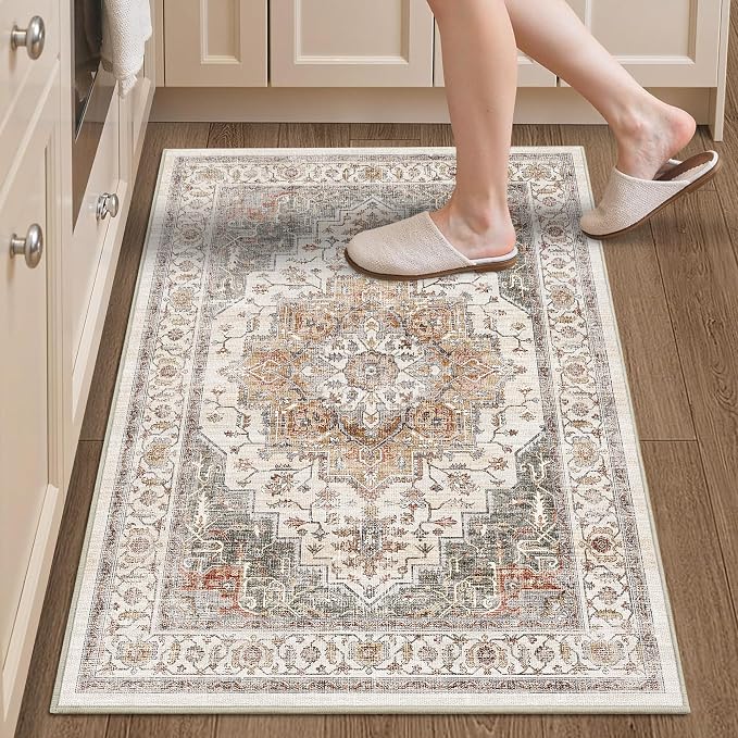 Area Rug 2x3 Entryway Rug Soft Washable Low Pile Vintage Doormat | Non Slip Low Pile Lightweight Carpets Indoor Faux Wool Small Rug Vintage Orange Gray for Entrance Kitchen Bedroom Living Room