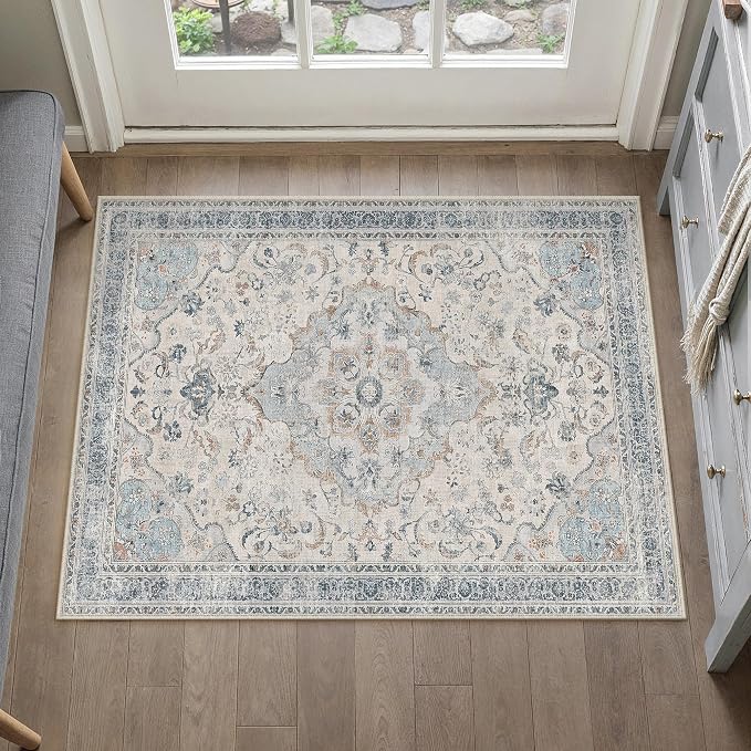 Blue Area Rug 2x3 Entryway Vintage Floral Non-Slip Door Mat | Machine Washable, Soft, Low Pile, Distressed, for Kitchen, Hallway, Bathroom, Retro Neutral Decor