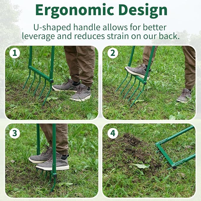 Homwin Broadfork Garden Tool with Steel Handle Heavy Duty Five Tines Broad Fork for Gardening Loosening and Aerating Soil, U-Shaped Design Hand Tiller, Compost Turner and Aerator