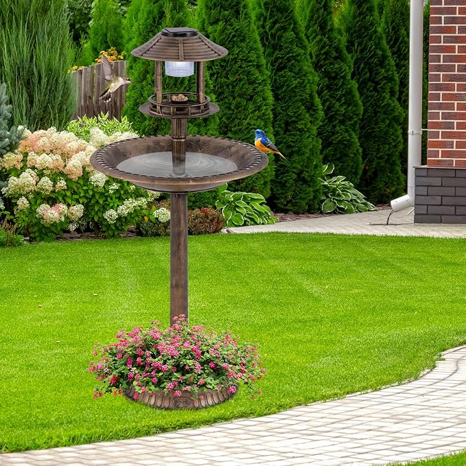 LDAILY Outdoor Bird Bath, 42’’ Solar Lighted Pedestal Birdbaths with Birds Feeder ,20’’ Water Bowl, Flower Planters and 3 Stakes, Attract Birds Antique Bird Bath for Outside Garden, Yard (Bronze, 42‘’)
