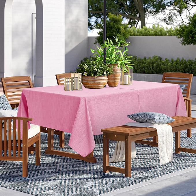 LUSHVIDA Outdoor Tablecloth with Umbrella Hole - Patio Table Cloth Zippered Rectangle 60x84 Inch, Pink Linen-Look Polyester Table Cover Water Resistant for Valentine Picnic Outside