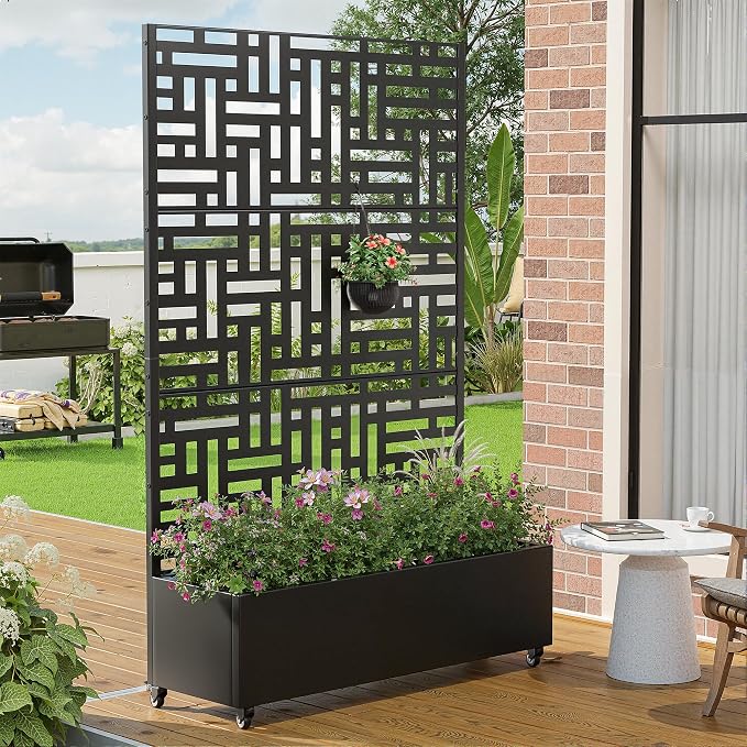Casaphoria Metal Raised Garden Bed with Trellis and Wheels, 72"x47"x16" Planter Box for Climbing Plants, Vegetables & Vines, Features Drainage Holes and Privacy Screen (Black-Helen)