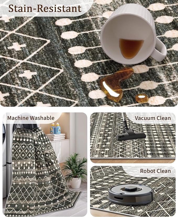 Miukiki 8x12 Area Rug for Living Room, Washable Non Slip Moroccan Rug Black | Large Soft Rug for Kitchen Bedroom Dining Room Office, Low Pile Indoor Floor Carpet Home Decor 8'x12'