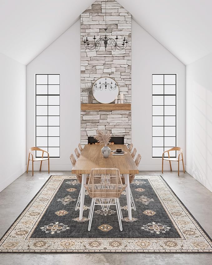 ILANGO Area Rugs 9'x12' Non Slip for Indoor Vintage Washable Rugs for Laundry Entryway Hallway Ultra-Thin Low-plie Floor Carpet for Bedroom Living Room Easy Cleaning