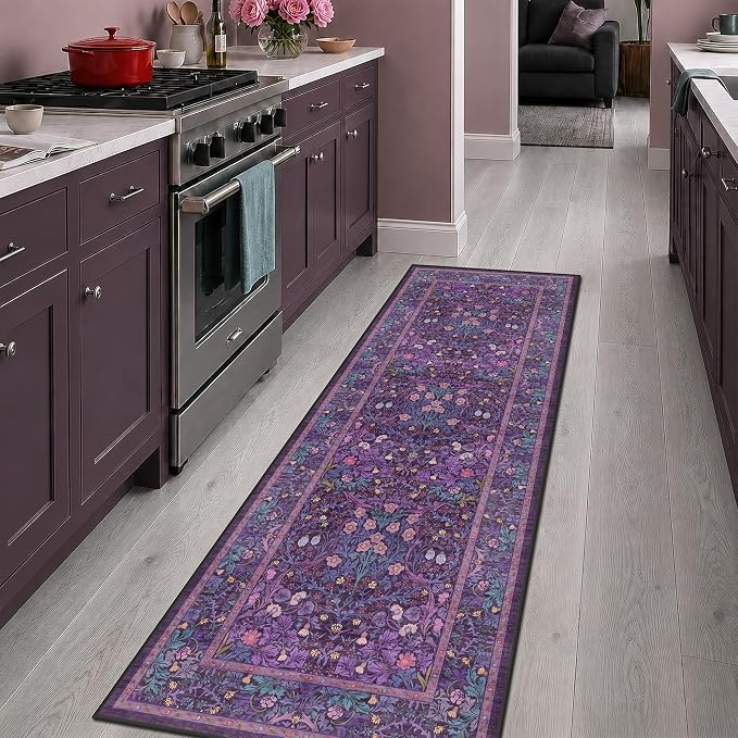 Washable Plum Purple Runner Rug 2x6 - Boho Rug Runner for Bathroom, Kitchen, Indoor Entryway, Low Pile Violet Carpet for Bedroom Bedside, Laundry Room, Hallway Mats for Floor, Stain Resistant