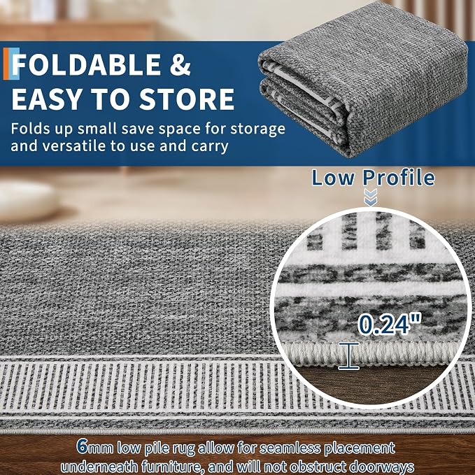 Garvee Large Washable Rug 9x12 Modern Bordered Living Room Rug Grey | Non Slip Soft Foldable Indoor Carpet Stain-Resistant Low Pile Floor Cover for Bedroom Nursery Office Dorm Kids Room Playroom