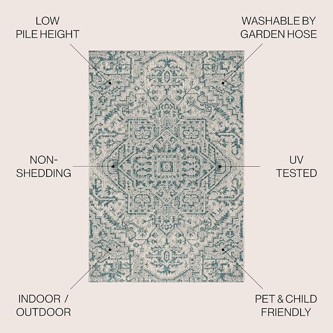 JONATHAN Y Boho Medallion Indoor Outdoor Square Area Rug 4X4 Teal/Gray, Estrella Textured Weave for Backyard, Patio, Porch, Easy-Cleaning, High Traffic, Pet-Friendly, Non-Shedding (SMB105C-4SQ)