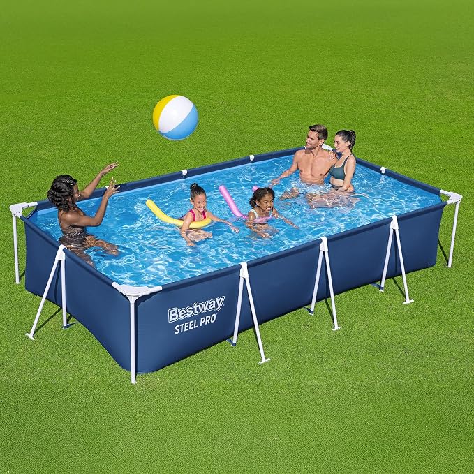 Bestway Steel Pro 13.1' x 6.8' x 32" Above Ground Swimming Pool Set w/Pump | Durable Rectangular Metal Frame Outdoor Backyard Pool, Puncture-Resistant Liner - Type I Filter Cartridge Included, Blue
