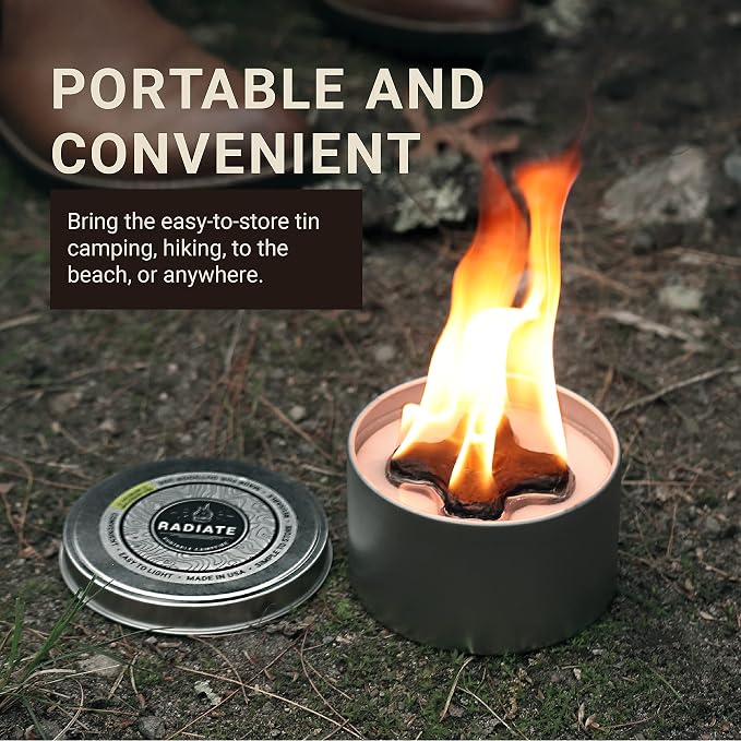 Radiate 2-Pack Portable Tabletop Firepit Campfire in a Can - 4" White Modern - 2 Hours Warmth & Burn Time - Soy Wax Portable Fire - Lightweight Camping Fire & Safe Tabletop Firepit