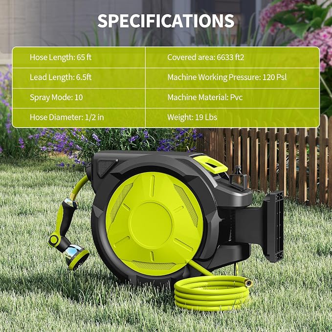 Retractable Garden Hose Reel 1/2 in x 50 ft Wall Mounted, Auto Rewind with Slow Return & Any-Length Lock, No Kink Tangle-Free, 3/4 in Brass Connector, 180° Swivel, Heavy Duty Hose Reel (65FT)