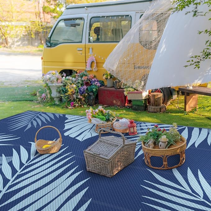 GENIMO Outdoor Rug 10' x 14' Waterproof for Patios Clearance, Reversible Outdoor Plastic Straw Camping Rug Carpet, Large Area Rugs Mats for RV, Camper, Deck, Balcony, Porch, Beach, Navyblue&Brightblue