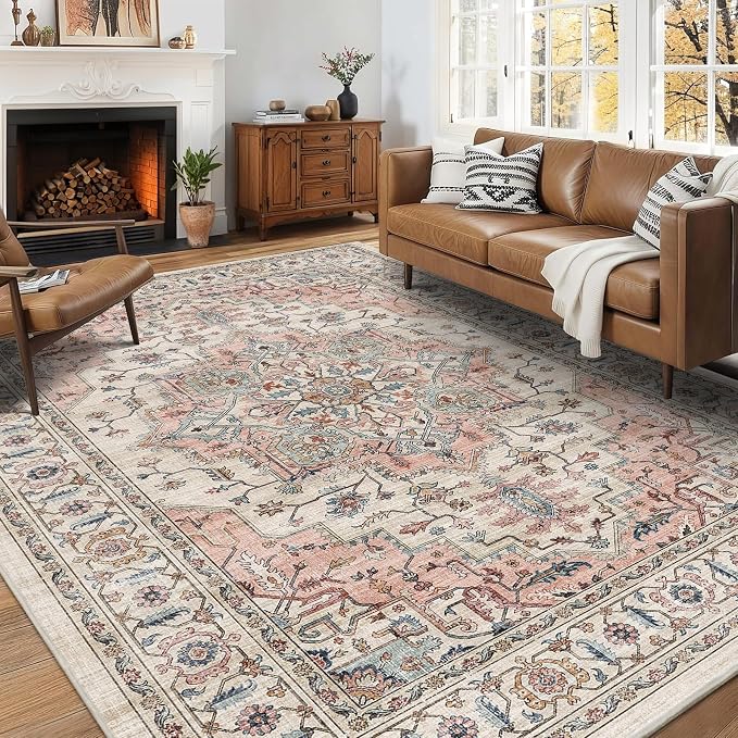 6x9 Area Rug for Living Room Soft Washable Vintage Boho Area Rug | Non-Slip Retro Print Low Pile Stain Resistant Carpet Beige Pink Distressed Indoor Rug for Bedroom Dining Room Nursery Office