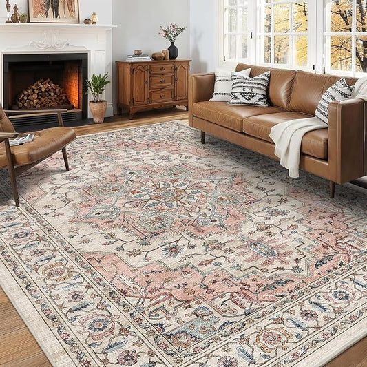 6x9 Area Rug for Living Room Soft Washable Vintage Boho Area Rug | Non-Slip Retro Print Low Pile Stain Resistant Carpet Beige Pink Distressed Indoor Rug for Bedroom Dining Room Nursery Office