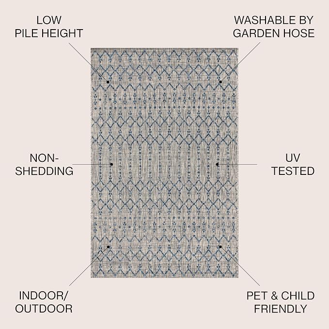 JONATHAN Y Moroccan Geometric Indoor Outdoor Square Area Rug 4X4 Light Gray/Navy, Ourika Textured Weave for Backyard, Patio, Porch, Easy-Cleaning, High Traffic, Pet-Friendly, Non-Shedding SMB108A-4SQ