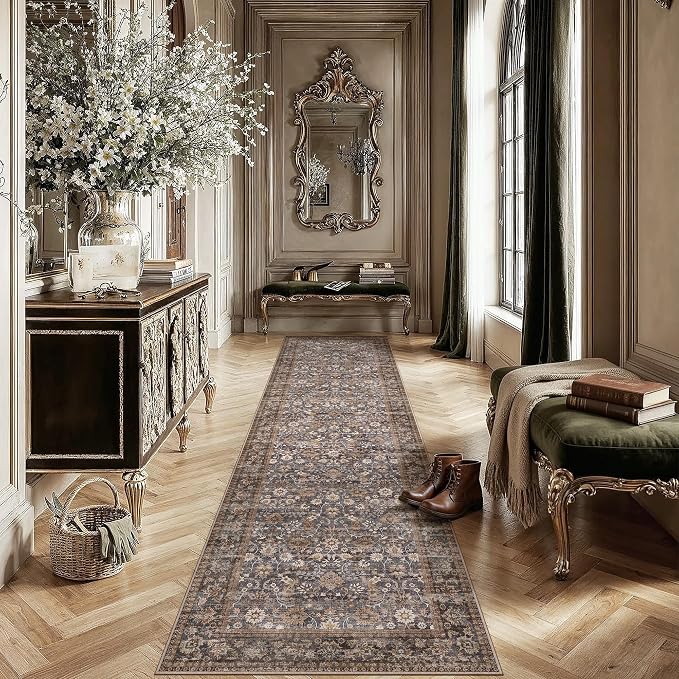 HUGEAR 2'6''x12 Runner Rug Machine Washable Tradition Brown Hallway Area Rugs Indoor Accent Rugs Floral Low Pile Carpet Distressed Throw Rug Bedroom Living Room Office Dining Kitchen Laundry Non Slip